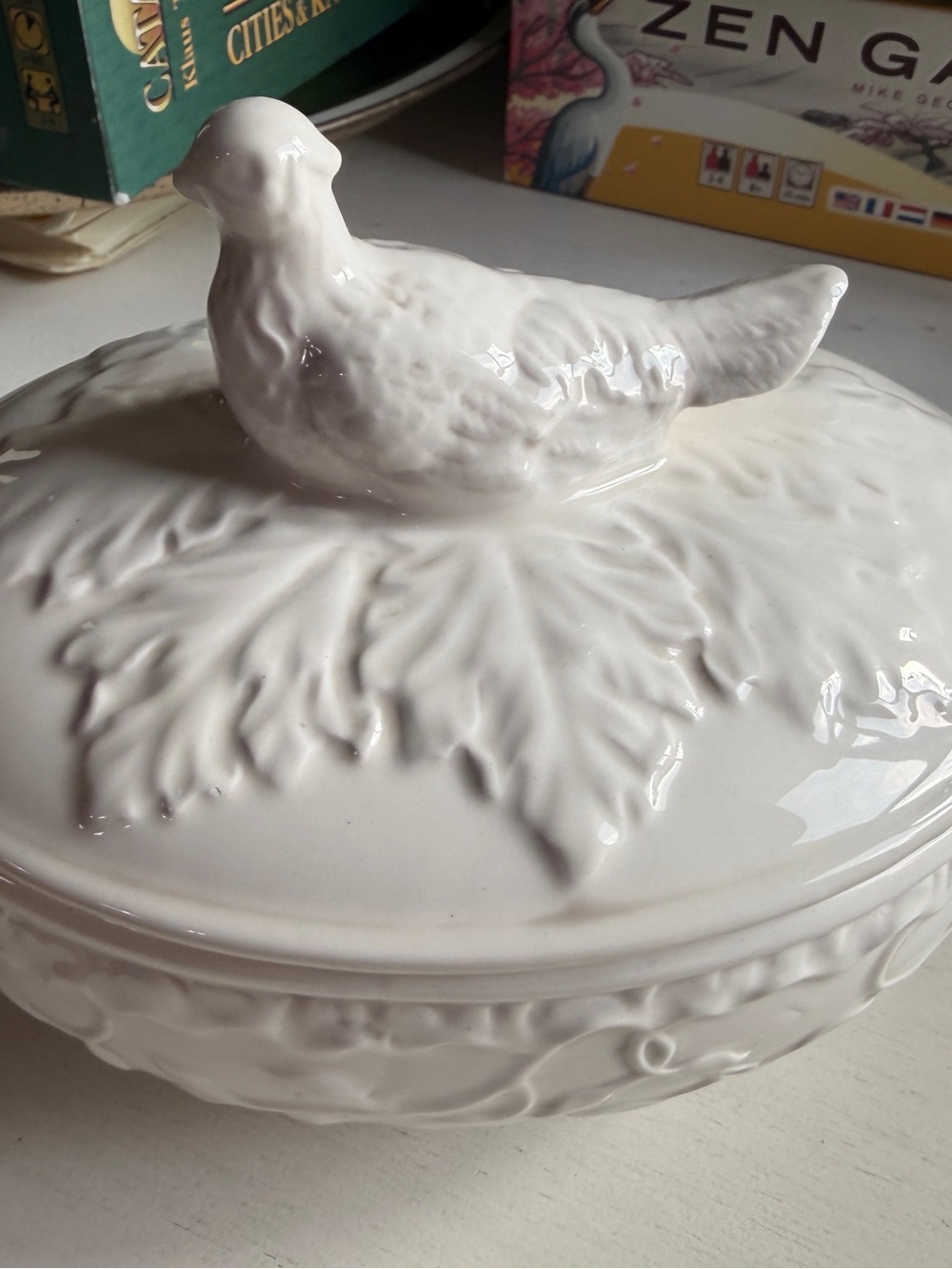American Atelier Glossy White Ceramic Lidded Dish with Bird Finial